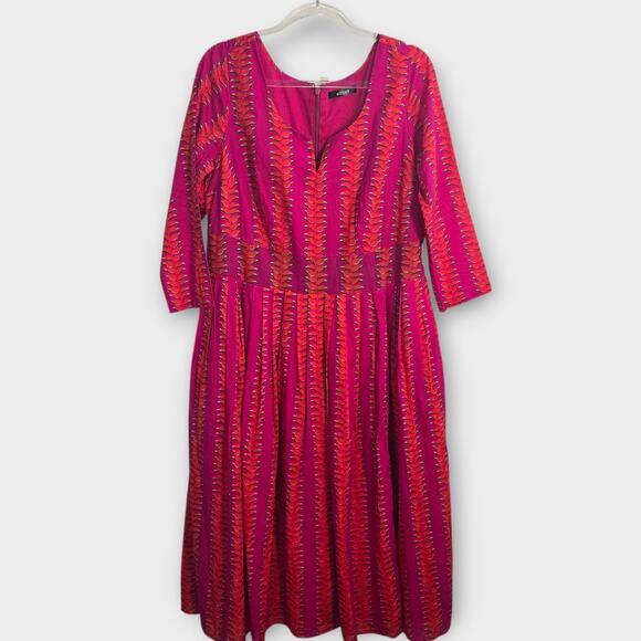 eShakti Pink Orange Leaf Print Cotton Midi Dress Fit & Flare Lined Plus Size - Picture 1 of 7